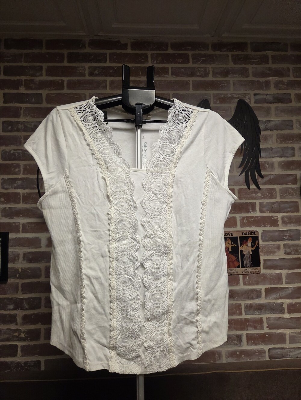 Soft Surroundings White Lace-Panel Cap Sleeve Blouse